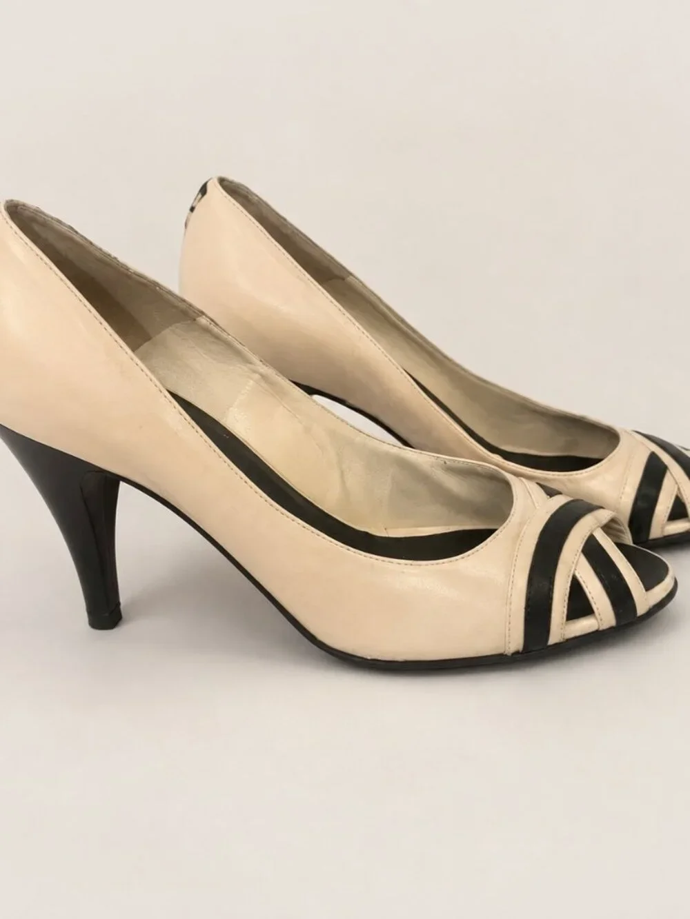 Vintage Chanel Two-Tone Cream White Black Peep-Toe Pumps IT 39 us size 8.5 rare